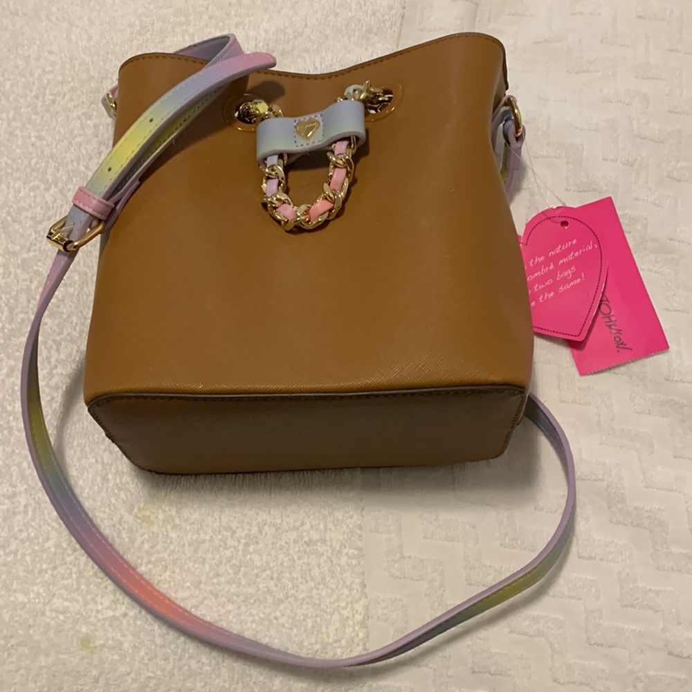 Betsy Johnson saddle bucket, Crossbody BROWN pastel handle with snap closure